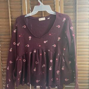 Altar’d State long sleeve embroidery, deep, purple, baby doll top